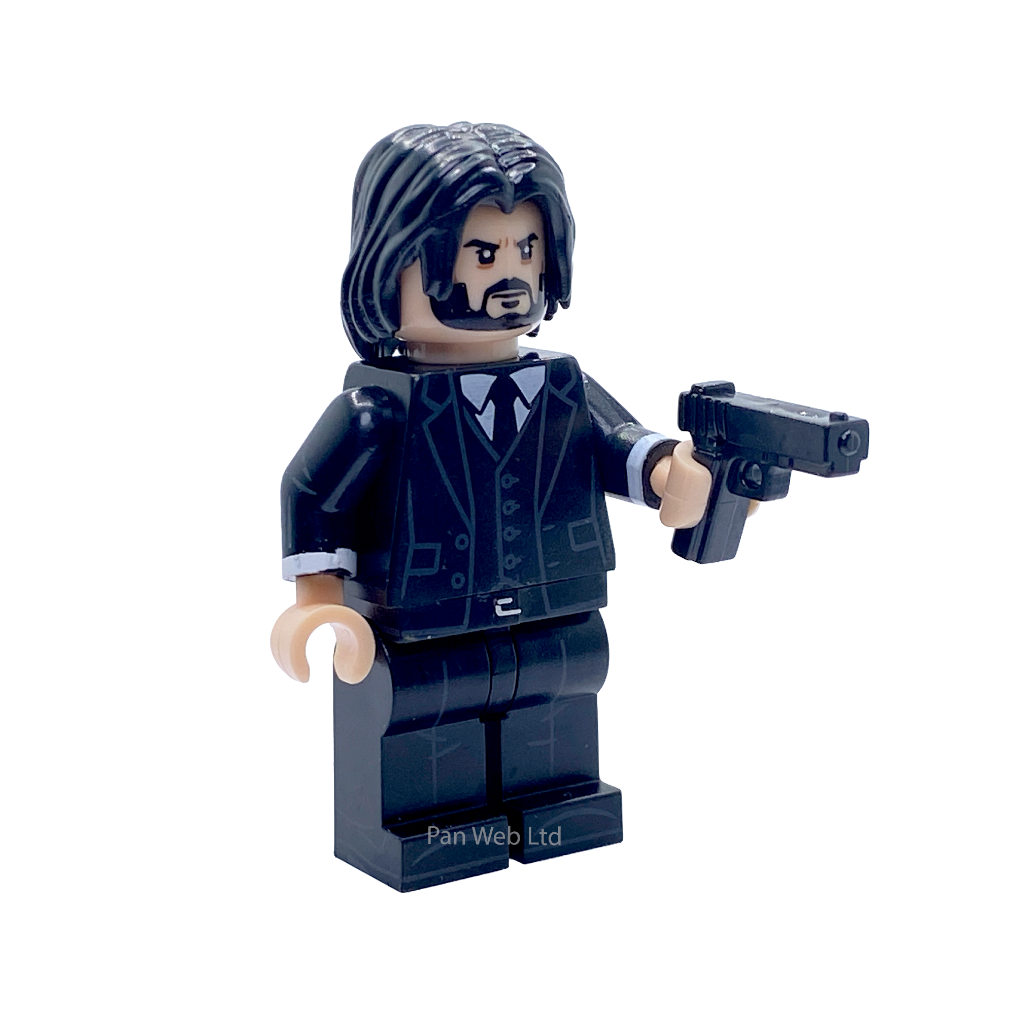 Front view of John Wick Assassin custom brick figure holding pistol