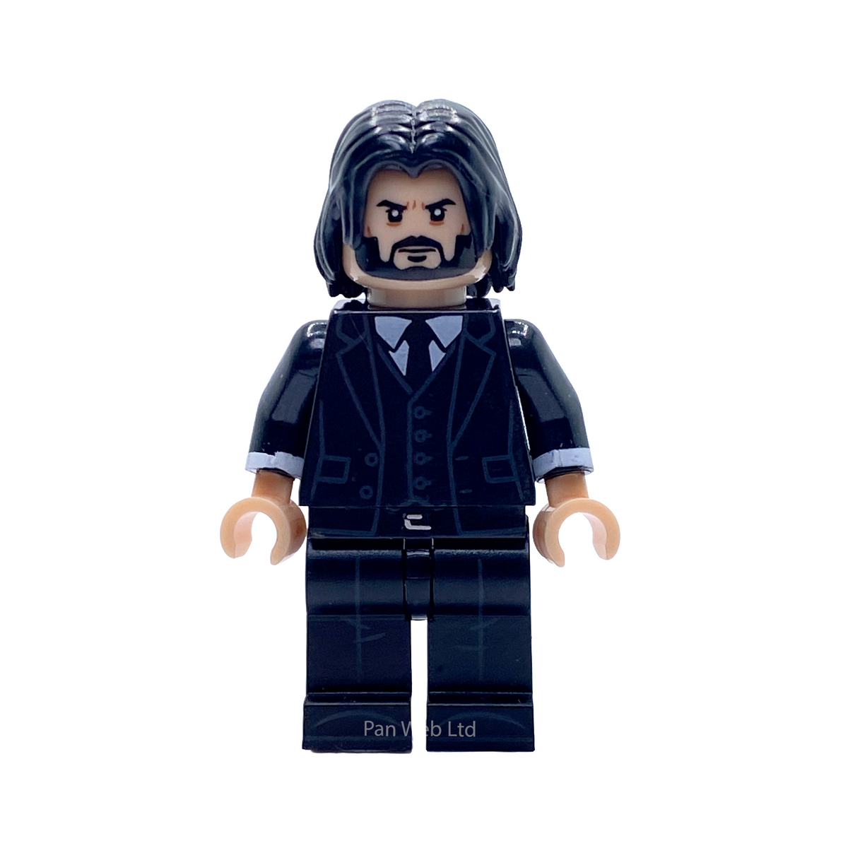 Front view of John Wick Assassin custom brick figure in black suit