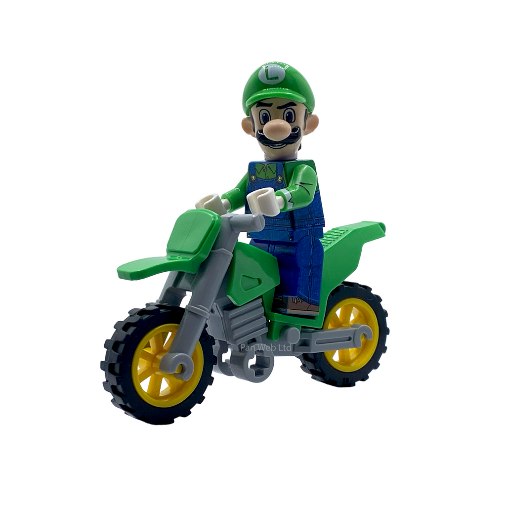 Front view of Luigi custom brick figure riding his buildable motorbike
