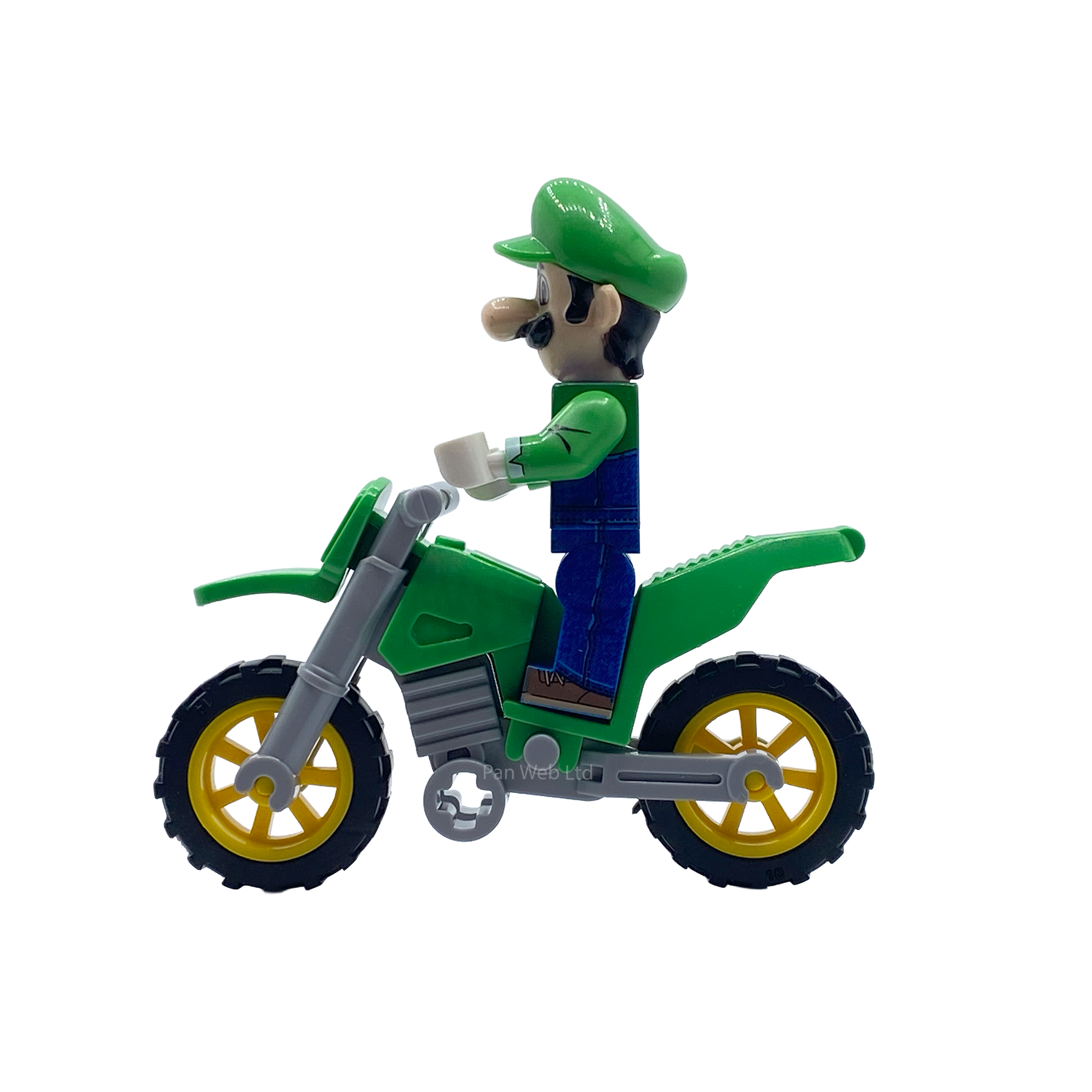 Side view of Luigi custom brick figure on his green buildable motorbike