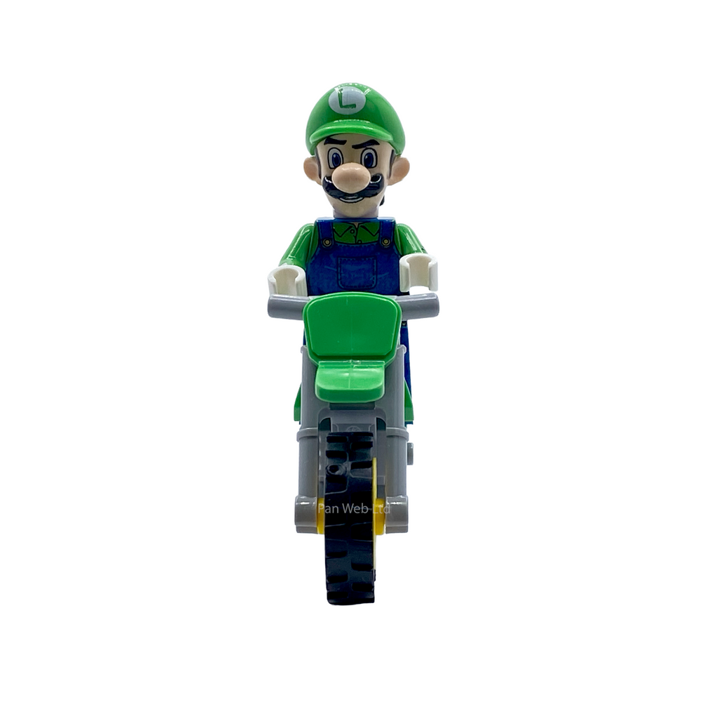 Front-on view of Luigi custom brick figure seated on the motorbike
