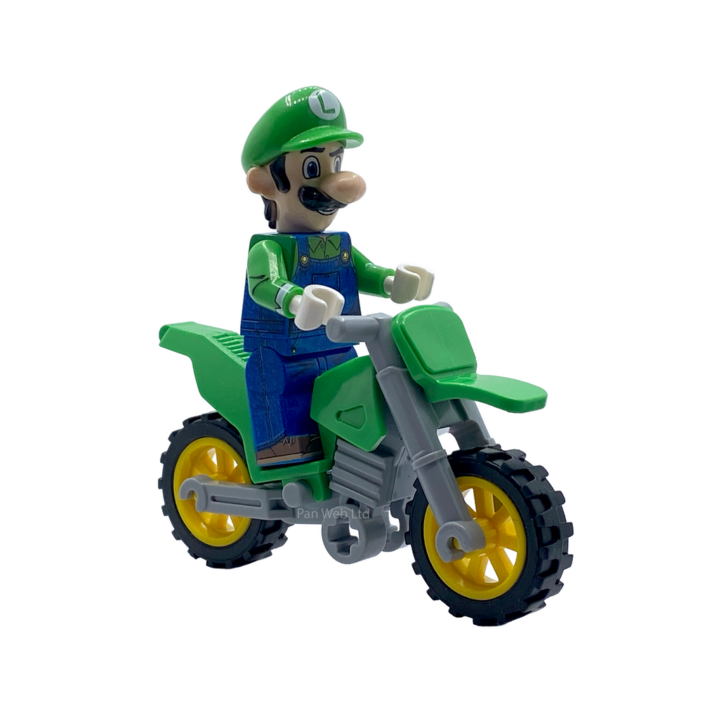 Angled view of Luigi custom brick figure and his green buildable motorbike