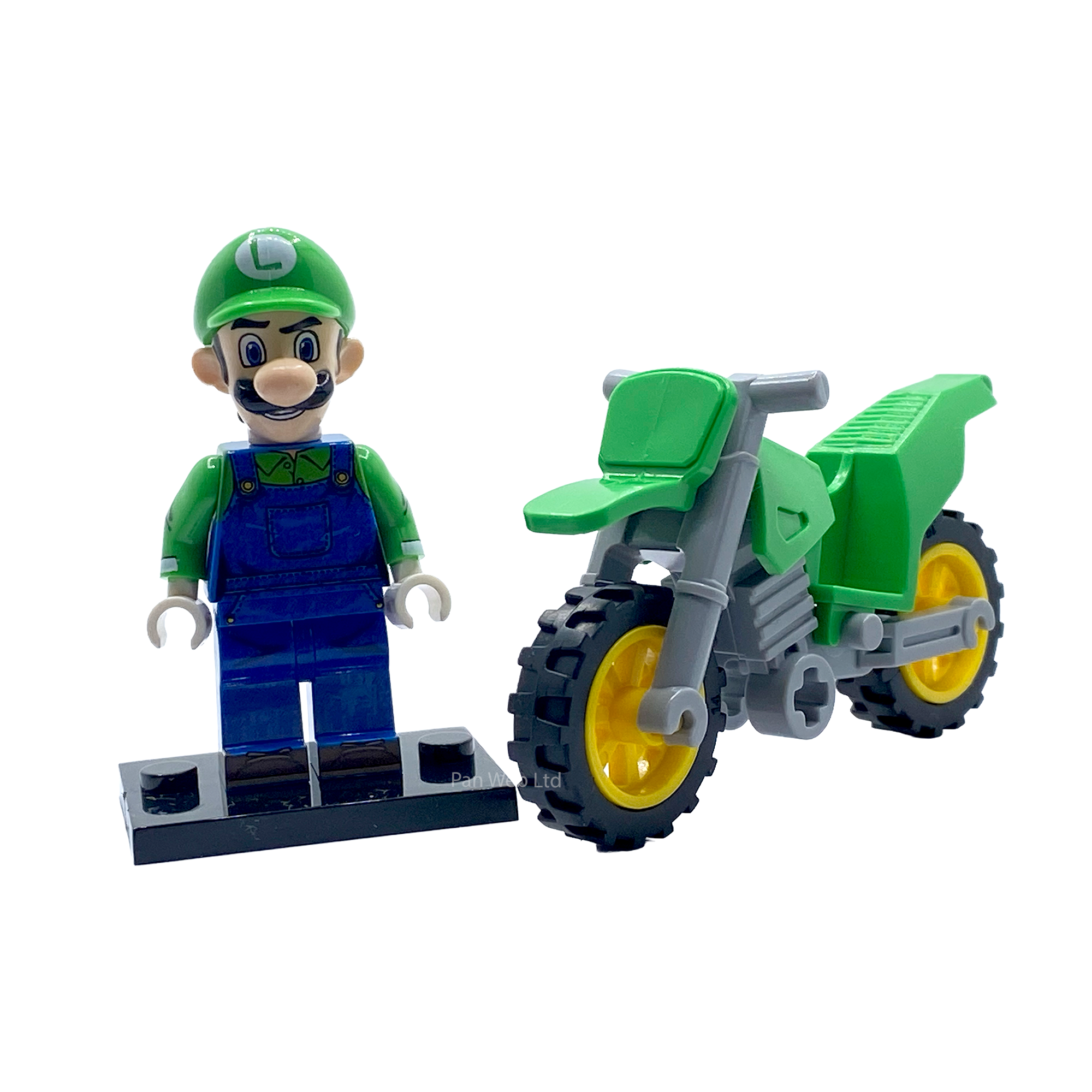 Luigi custom brick figure on display stand beside his buildable motorbike