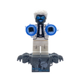 Front view of Mister Negative custom minifigure with white suit, blue energy rings and display base