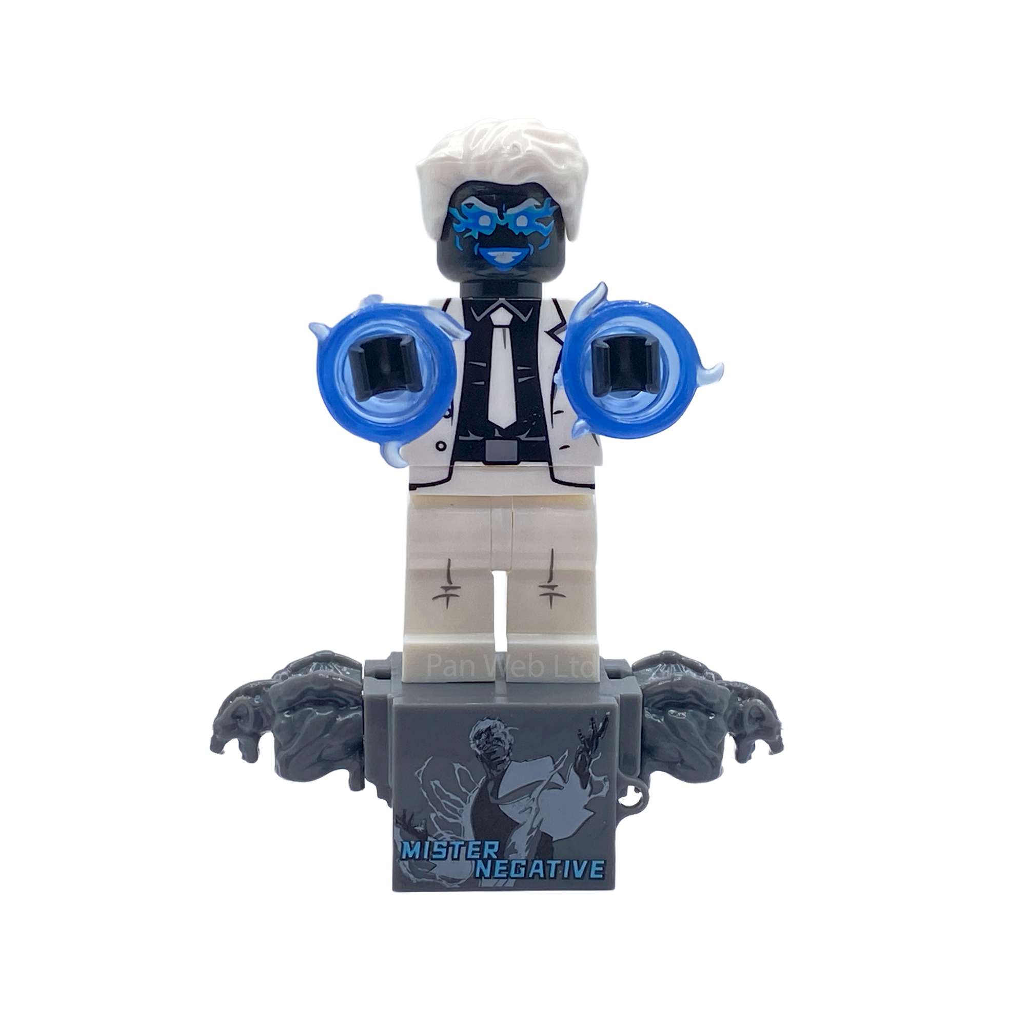 Front view of Mister Negative custom minifigure with white suit, blue energy rings and display base