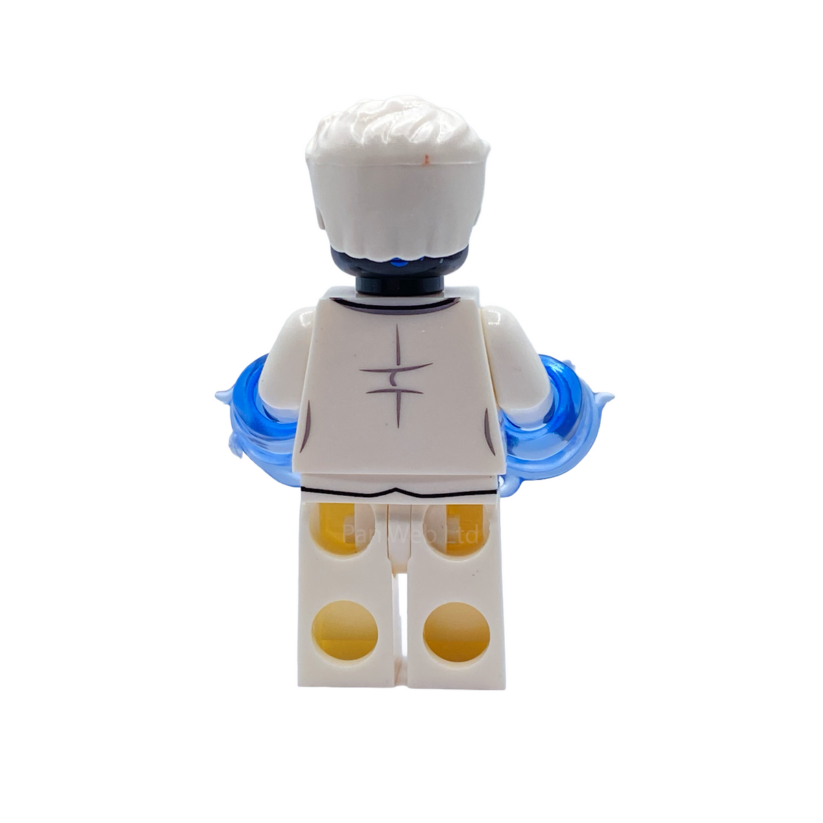 Rear view of Mister Negative custom minifigure showing white suit, white hair and blue energy rings
