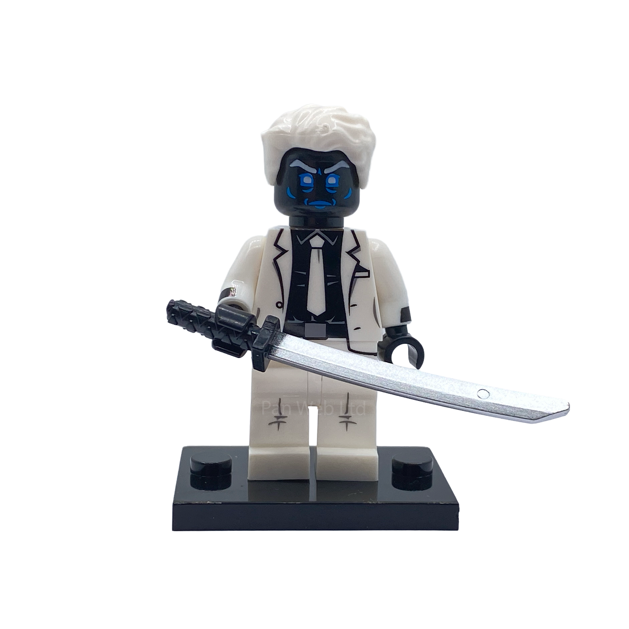 Mister Negative custom minifigure in white suit holding silver sword on black display base