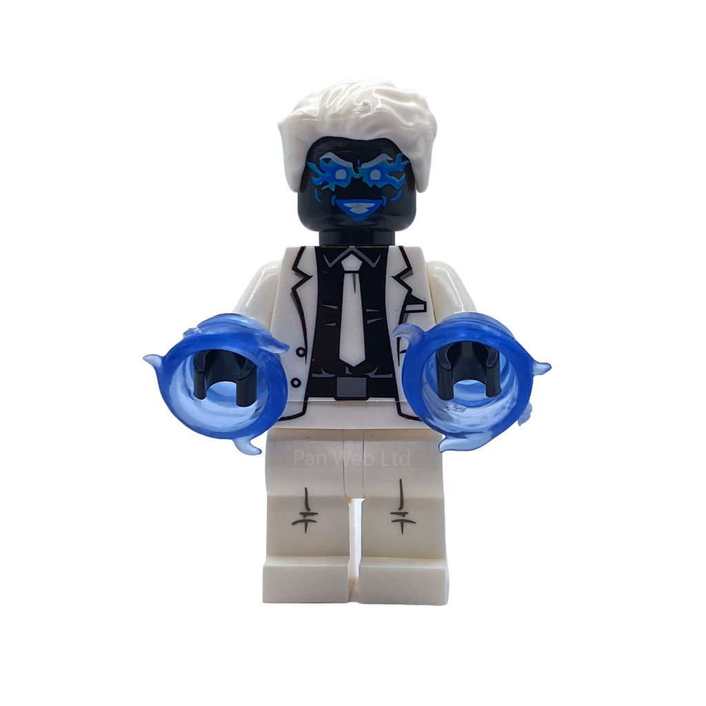 Close front view of Mister Negative custom minifigure with white hair, blue glasses and energy rings