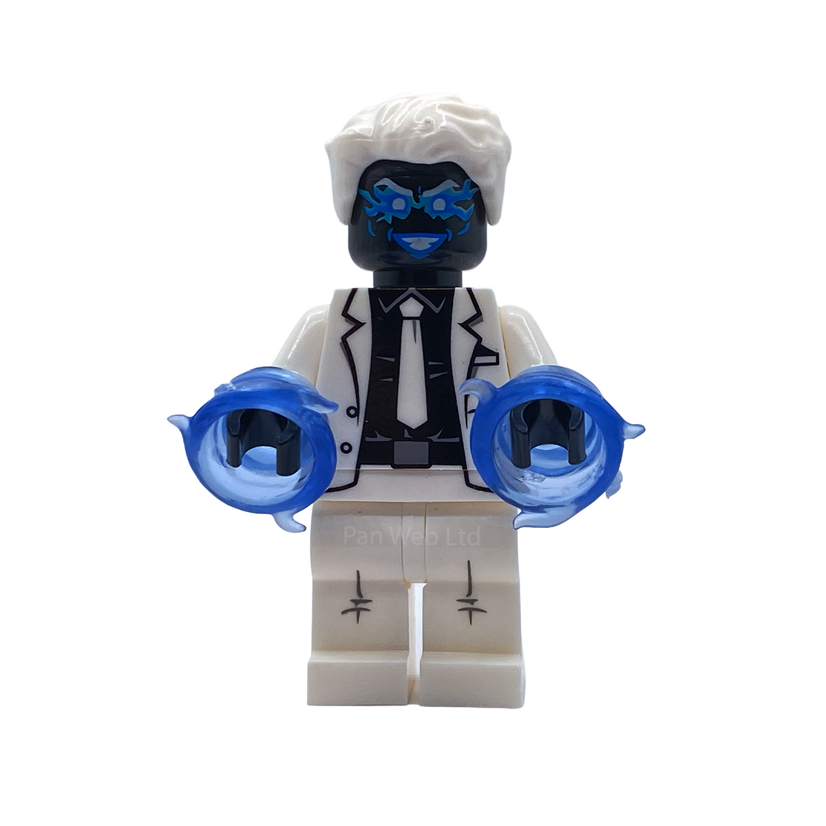 Close front view of Mister Negative custom minifigure with white hair, blue glasses and energy rings