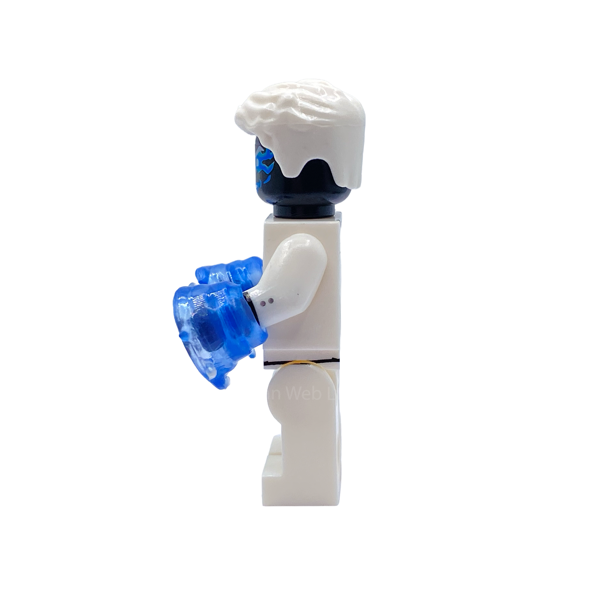 Side view of Mister Negative custom minifigure showing white suit and translucent blue energy hands