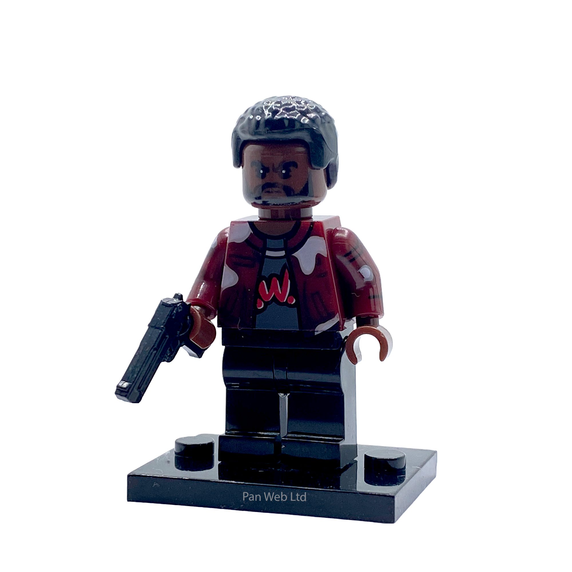 Mother's Milk custom brick figure on display stand with pistol accessory