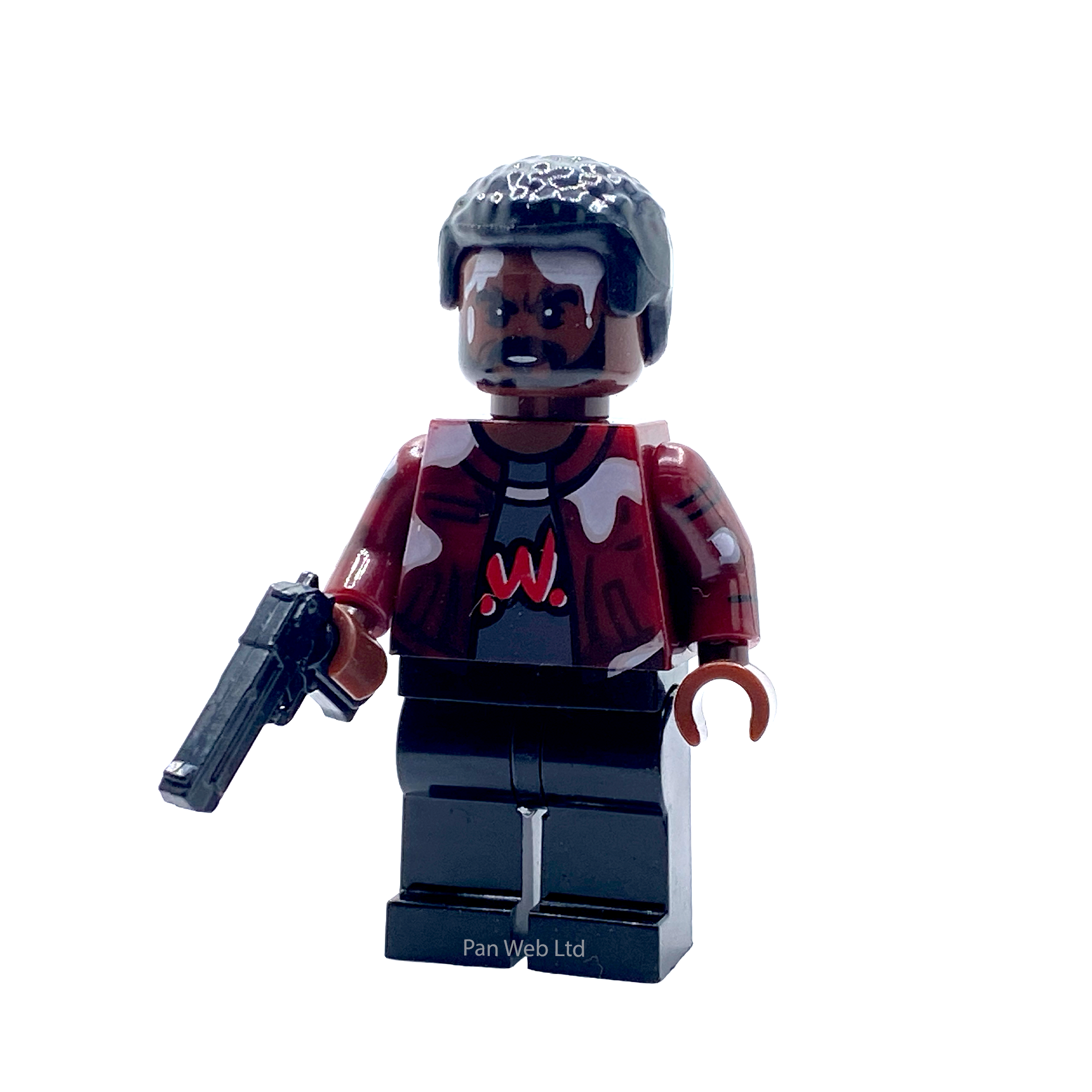 Front view of Mother's Milk custom brick figure holding pistol accessory