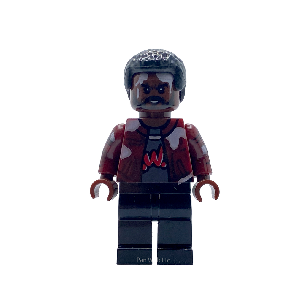 Close-up front view of Mother's Milk custom brick figure in camo jacket