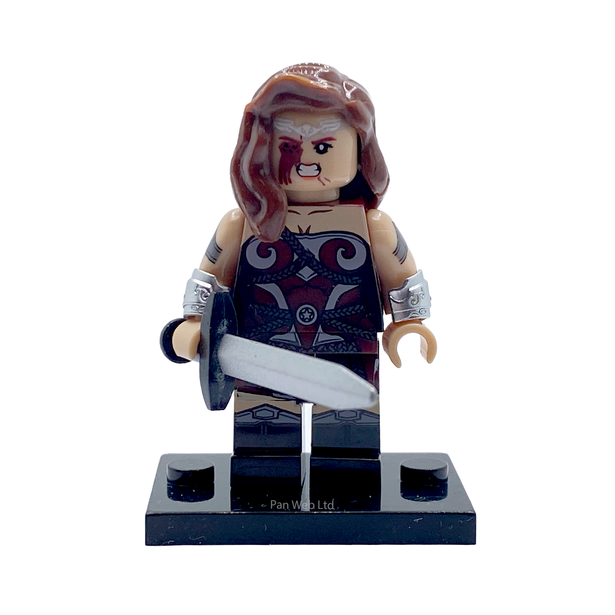 Queen Maeve custom brick figure presented on its display stand with sword accessory