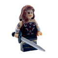 Front view of Queen Maeve custom brick figure with sword accessory