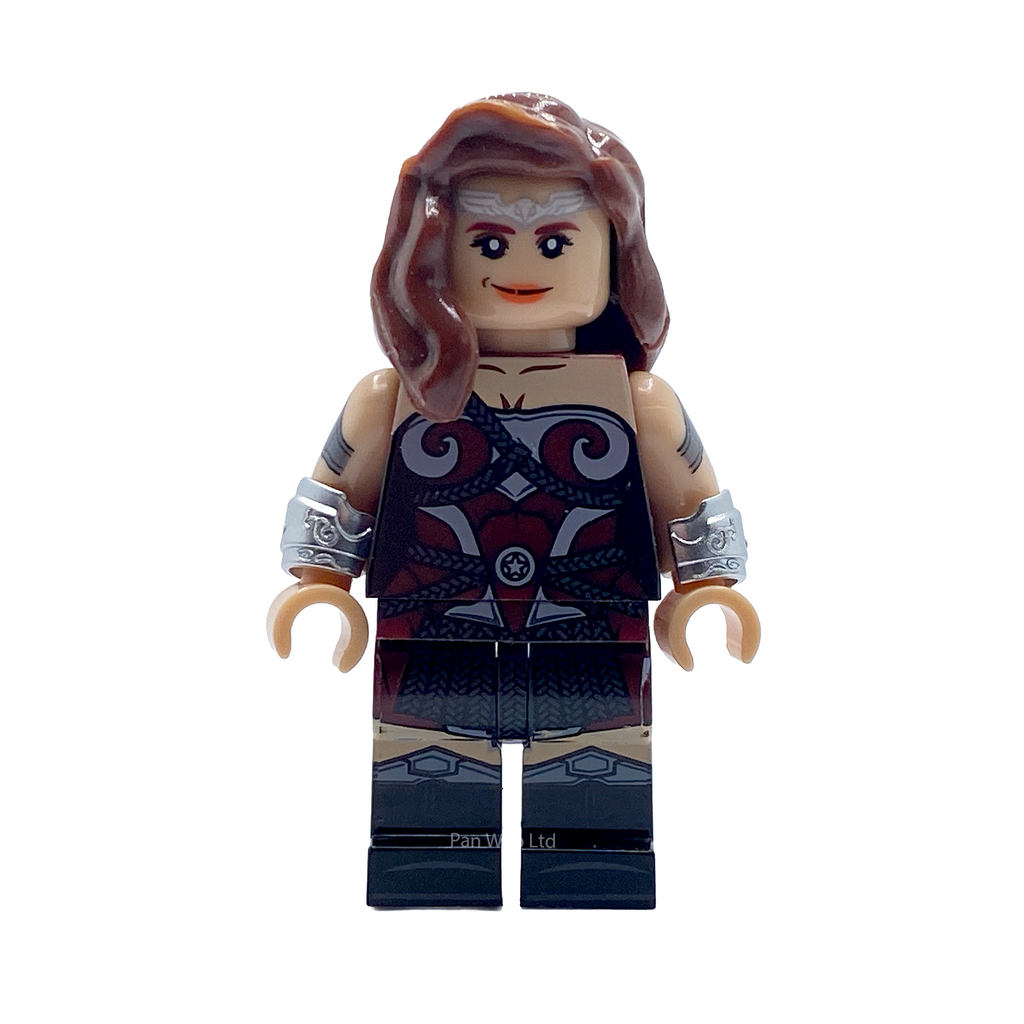 Close-up front view of Queen Maeve custom brick figure showing printed outfit detail