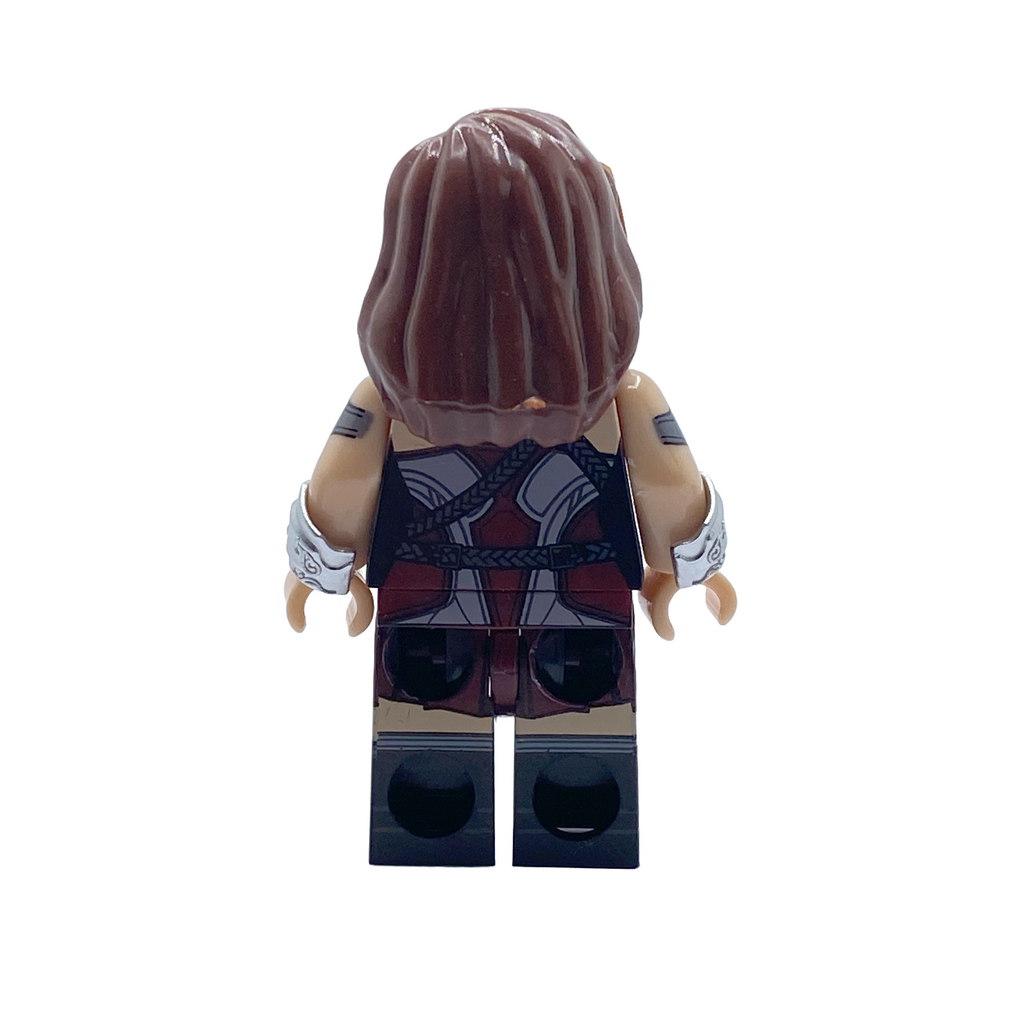 Rear view of Queen Maeve custom brick figure showing printed outfit detail