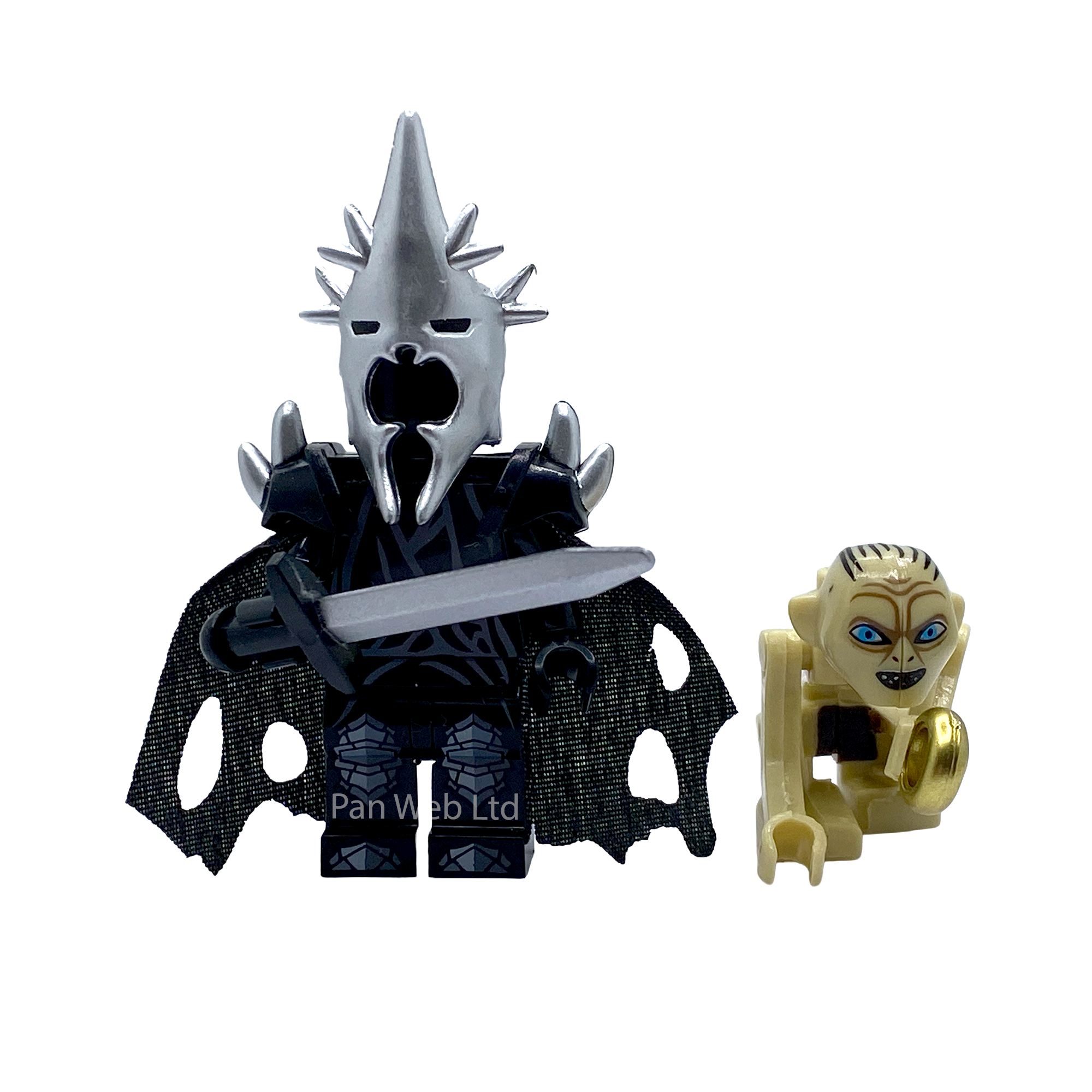 Sauron and Gollum custom minifigure set shown from the front with fantasy accessories