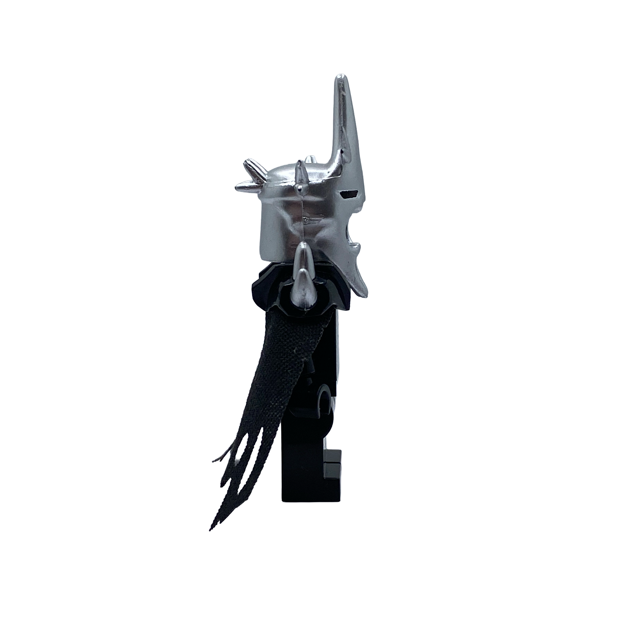 Side view of Sauron the Dark Lord custom minifigure in black armour with silver helmet
