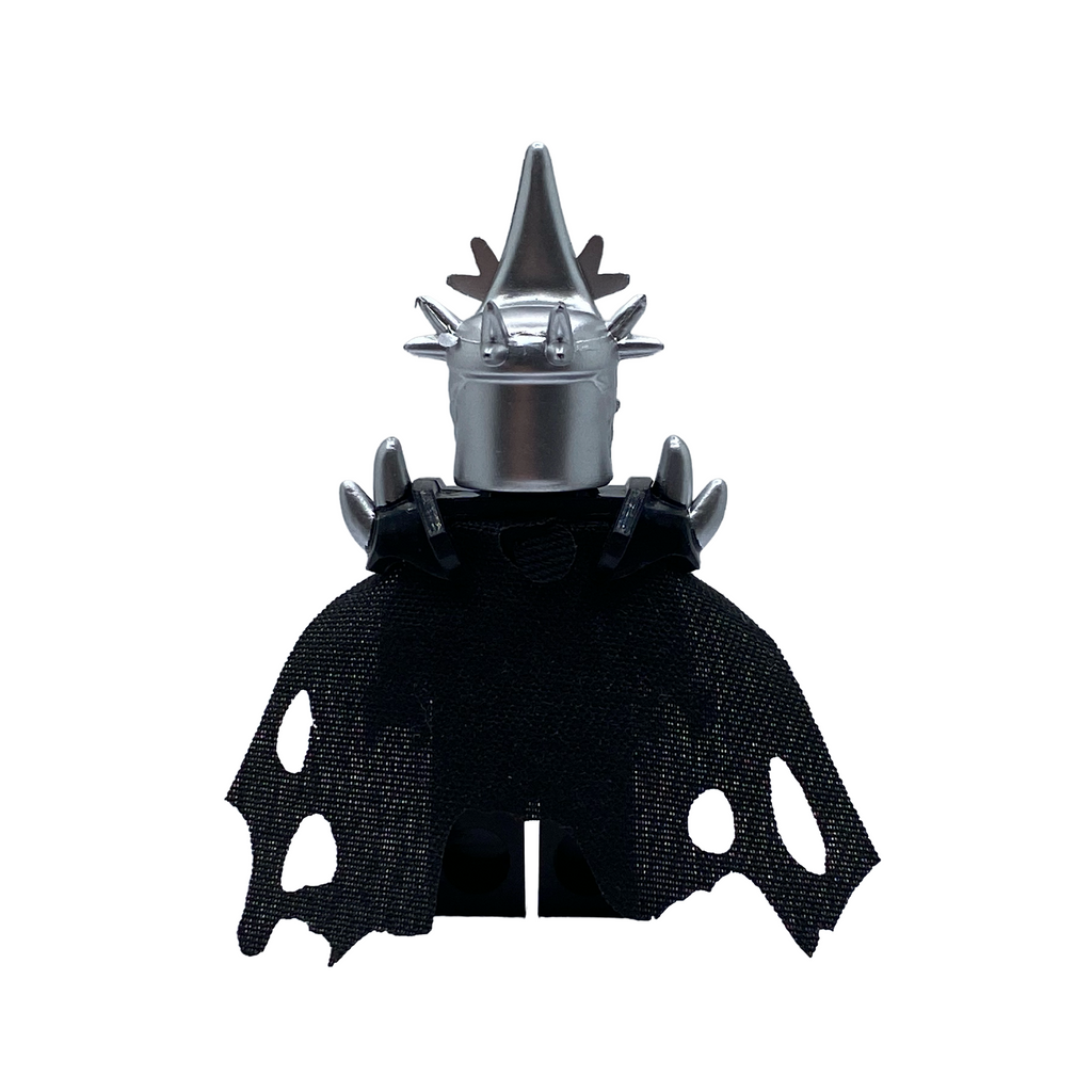 Rear view of Sauron custom minifigure showing black cape, armour and spiked silver helmet