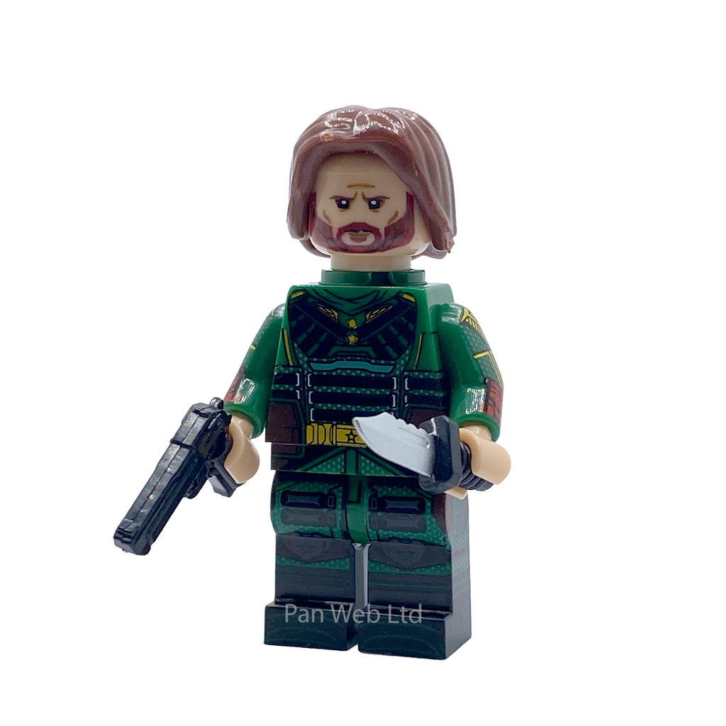 Front view of Soldier Boy custom brick figure holding pistol and knife