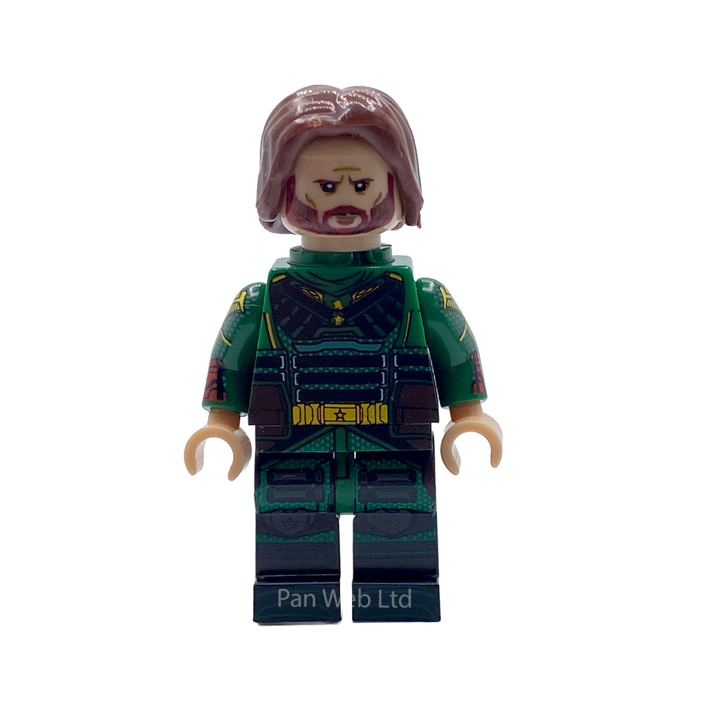 Close-up front view of Soldier Boy custom brick figure showing printed jacket detail