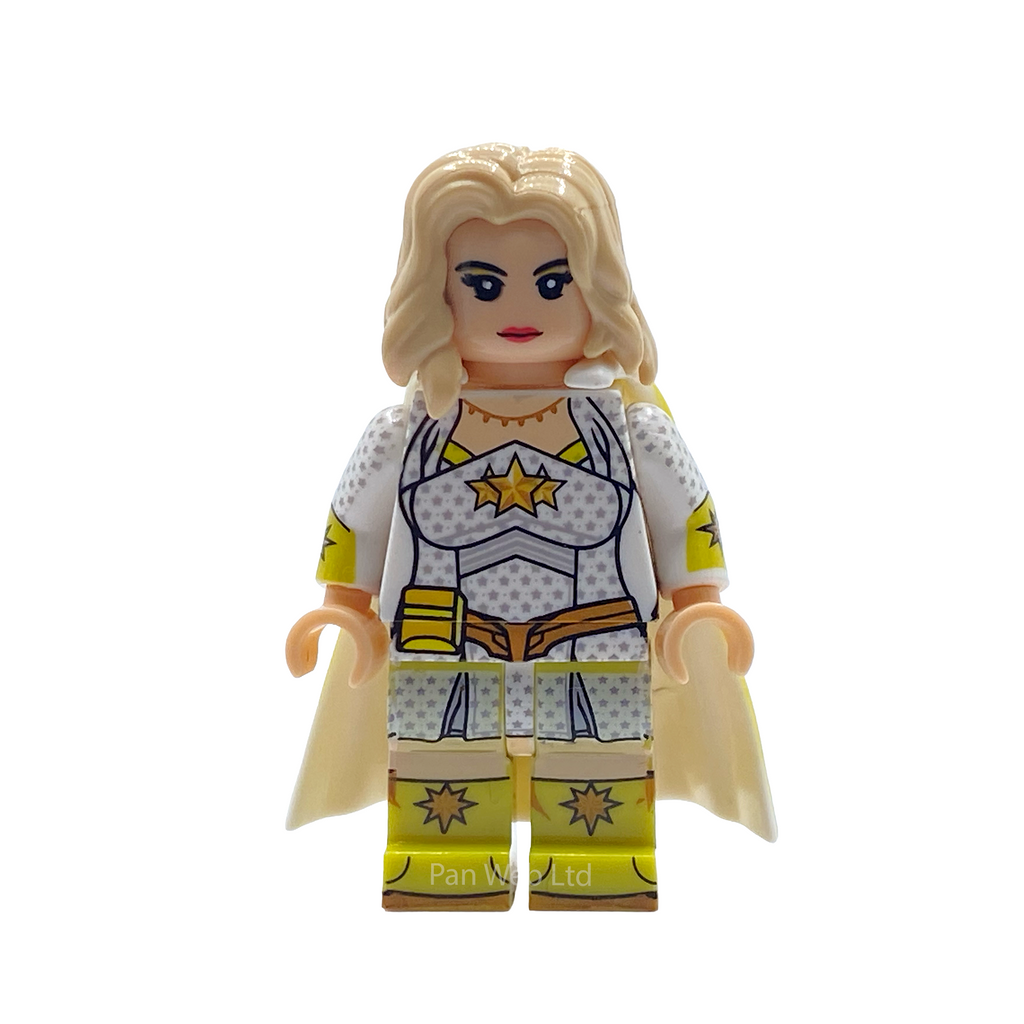 A custom printed LEGO-style minifigure of a female superhero with blonde hair, wearing a white and yellow costume with a star emblem, set against a plain white background.