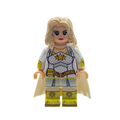 A custom printed LEGO-style minifigure of a female superhero with blonde hair, wearing a white and yellow costume with a star emblem, set against a plain white background.