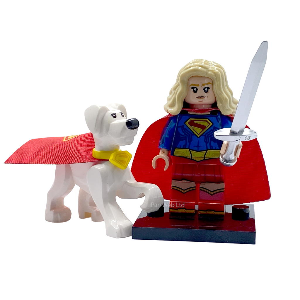 Supergirl and Krypto custom brick figures on display stand with sword accessory