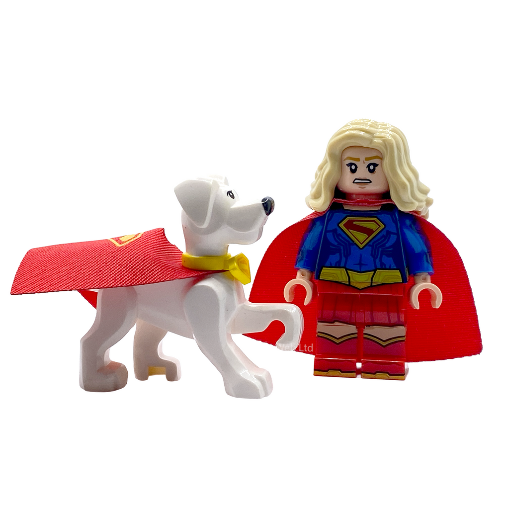 Front view of Supergirl and Krypto custom brick figures with cape and display stand