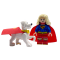 Front view of Supergirl and Krypto custom brick figures with cape and display stand