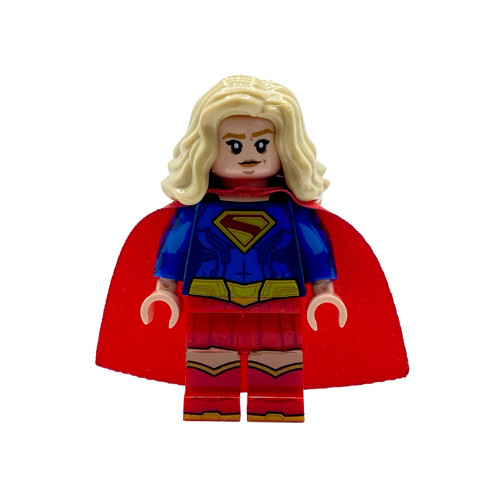 Close-up front view of Supergirl custom brick figure showing printed emblem and outfit detail