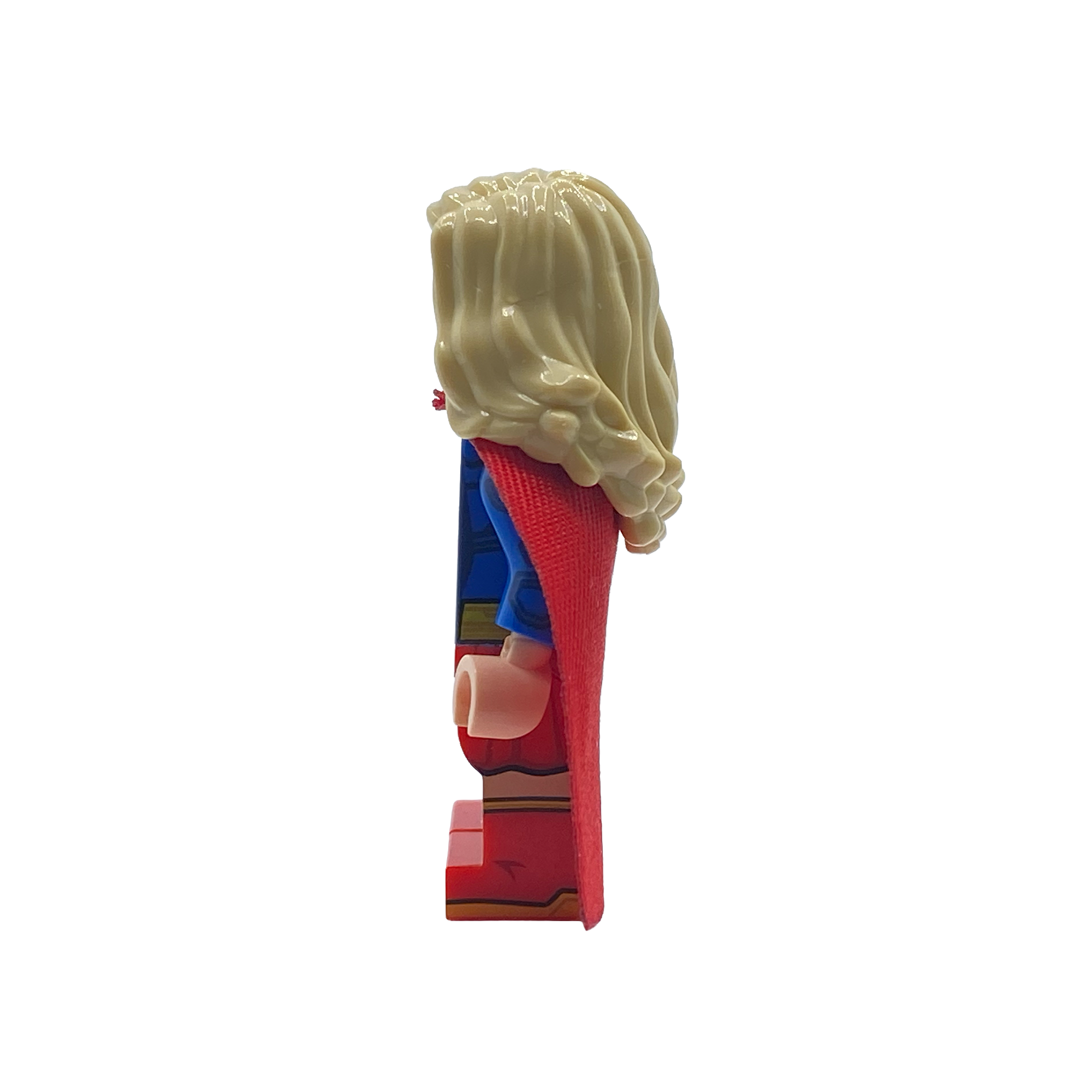 Side view of Supergirl custom brick figure showing cape detail