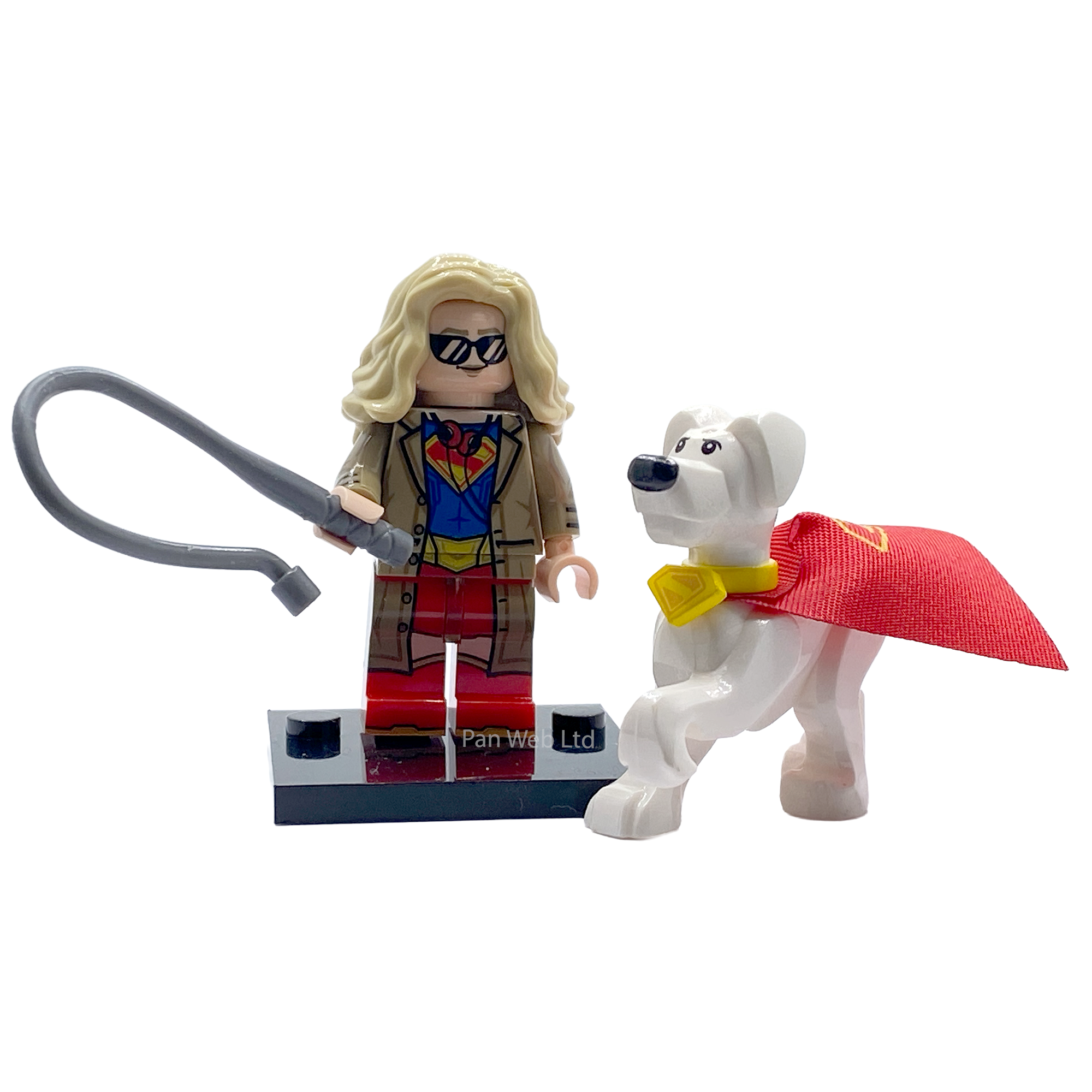 Supergirl in trench coat and Krypto custom brick figures on display stand with accessory