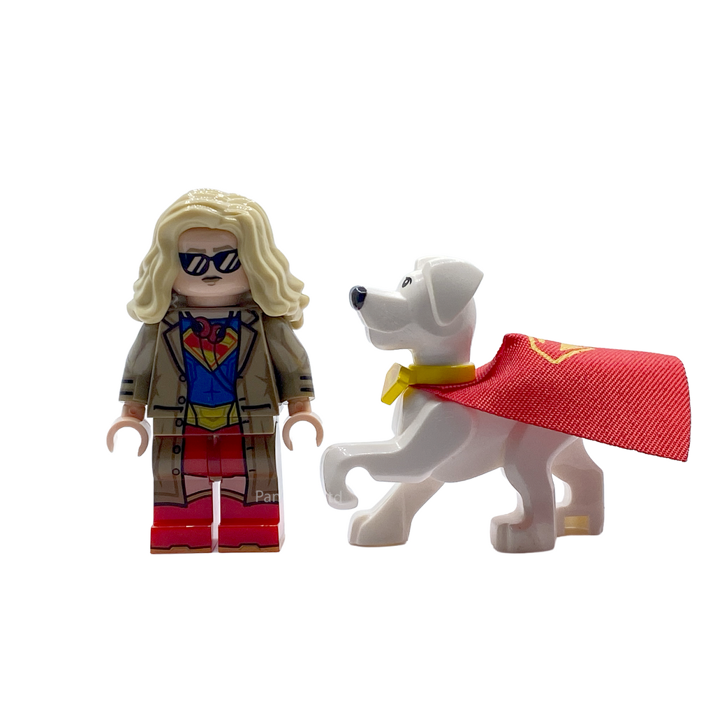 Front view of Supergirl in trench coat and Krypto custom brick figures with cape and display stand