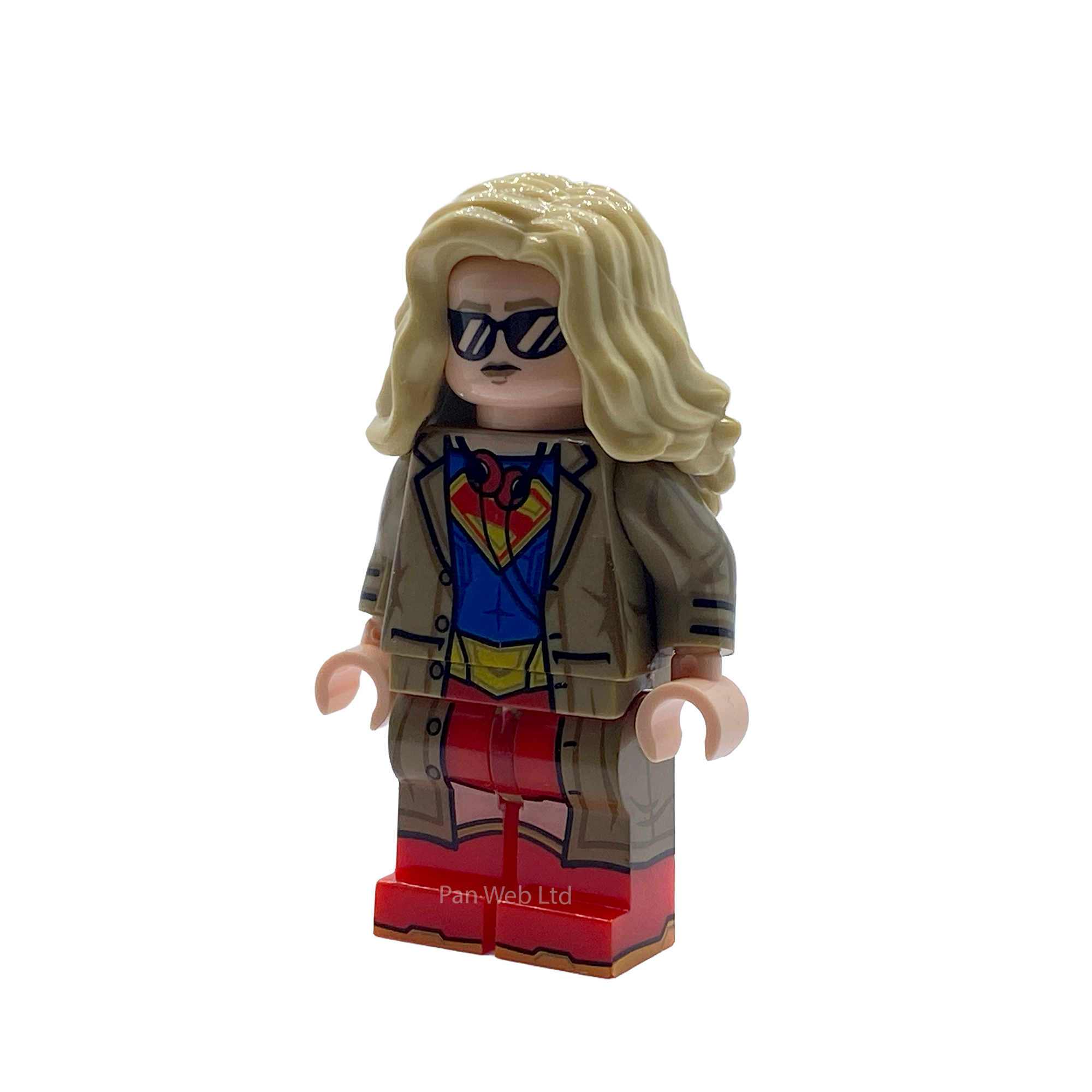 Close-up front view of Supergirl custom brick figure in trench coat and sunglasses