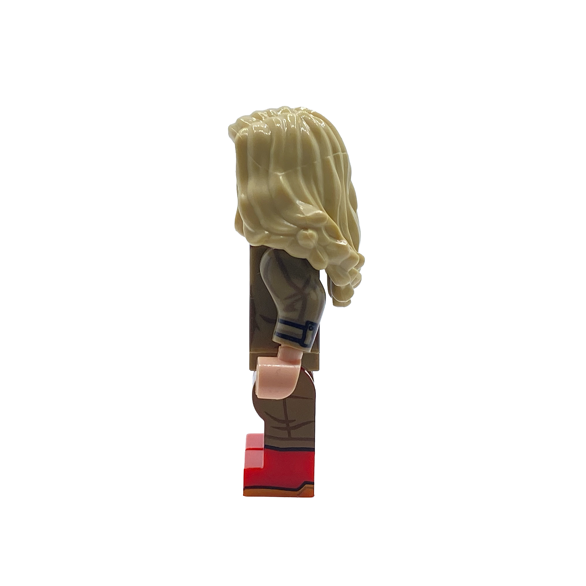 Side view of Supergirl custom brick figure showing trench coat detail