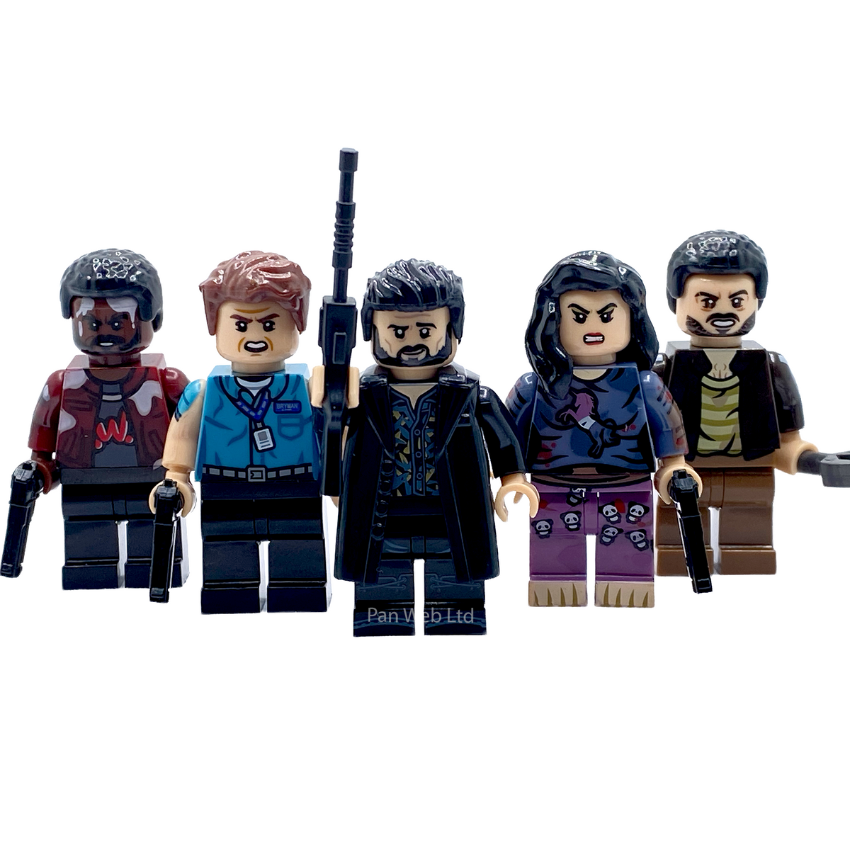 The Boys vigilante gang custom minifigure set with Billy Butcher, Hughie, Frenchie, Kimiko and Mother's Milk