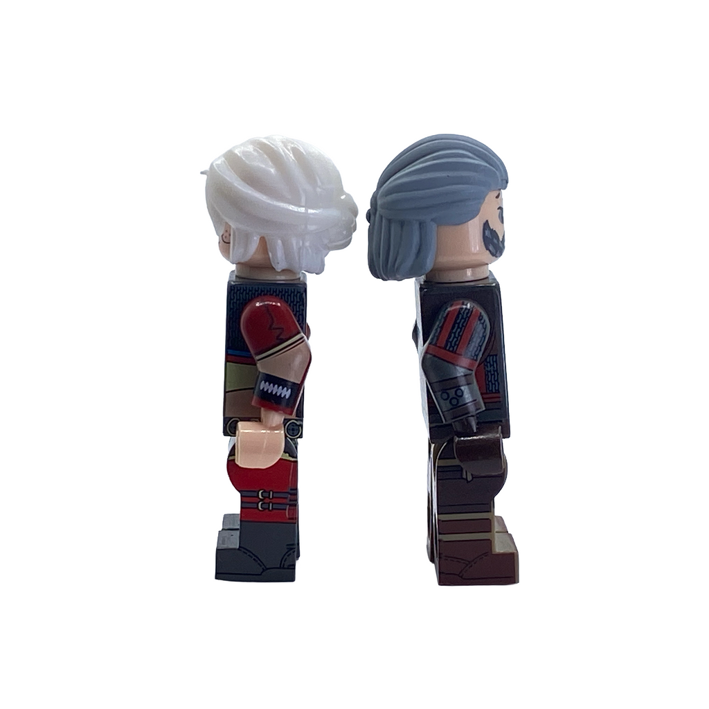 Rear view of Geralt and Ciri custom minifigures showing back detail