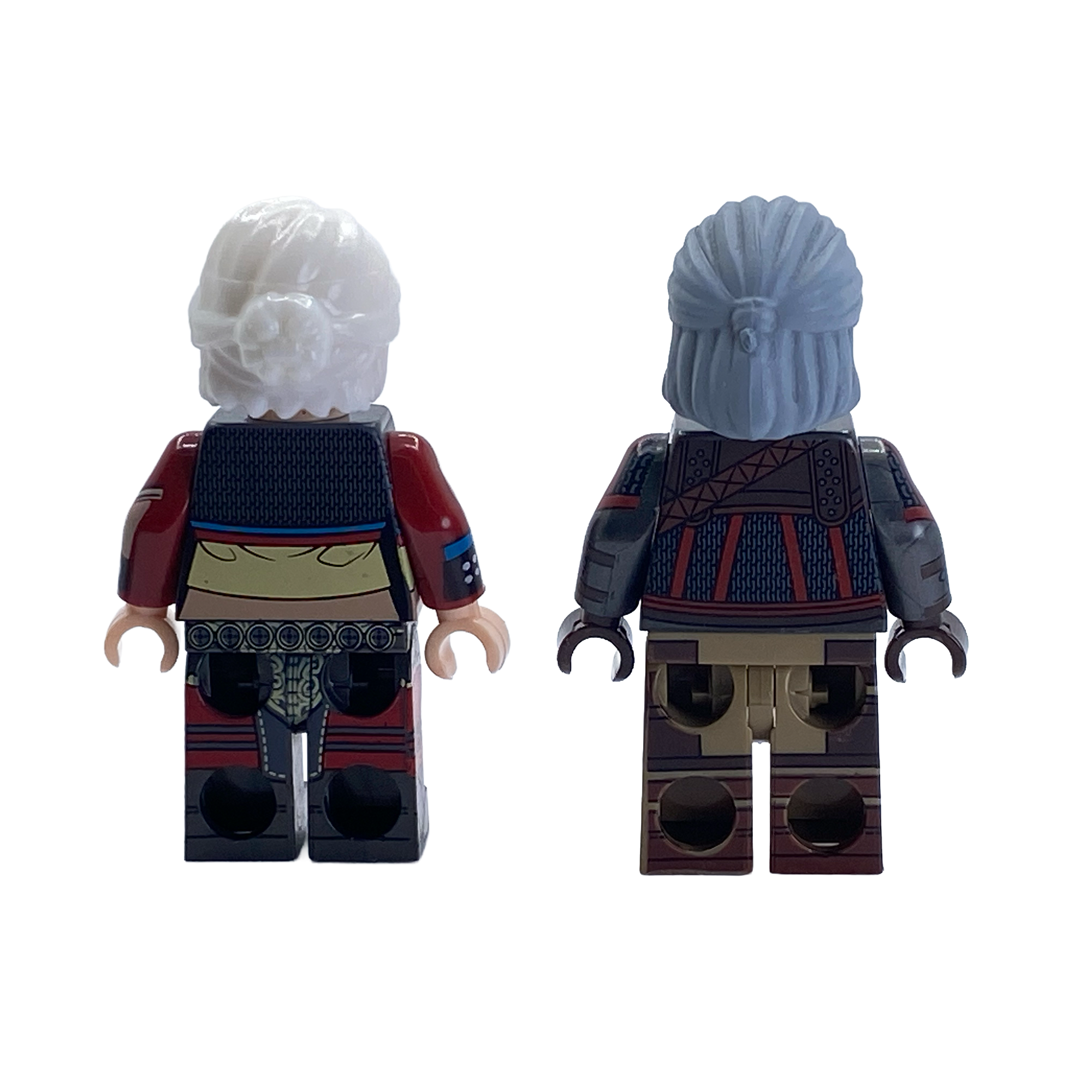 Full rear view of Geralt and Ciri custom minifigures from head to feet