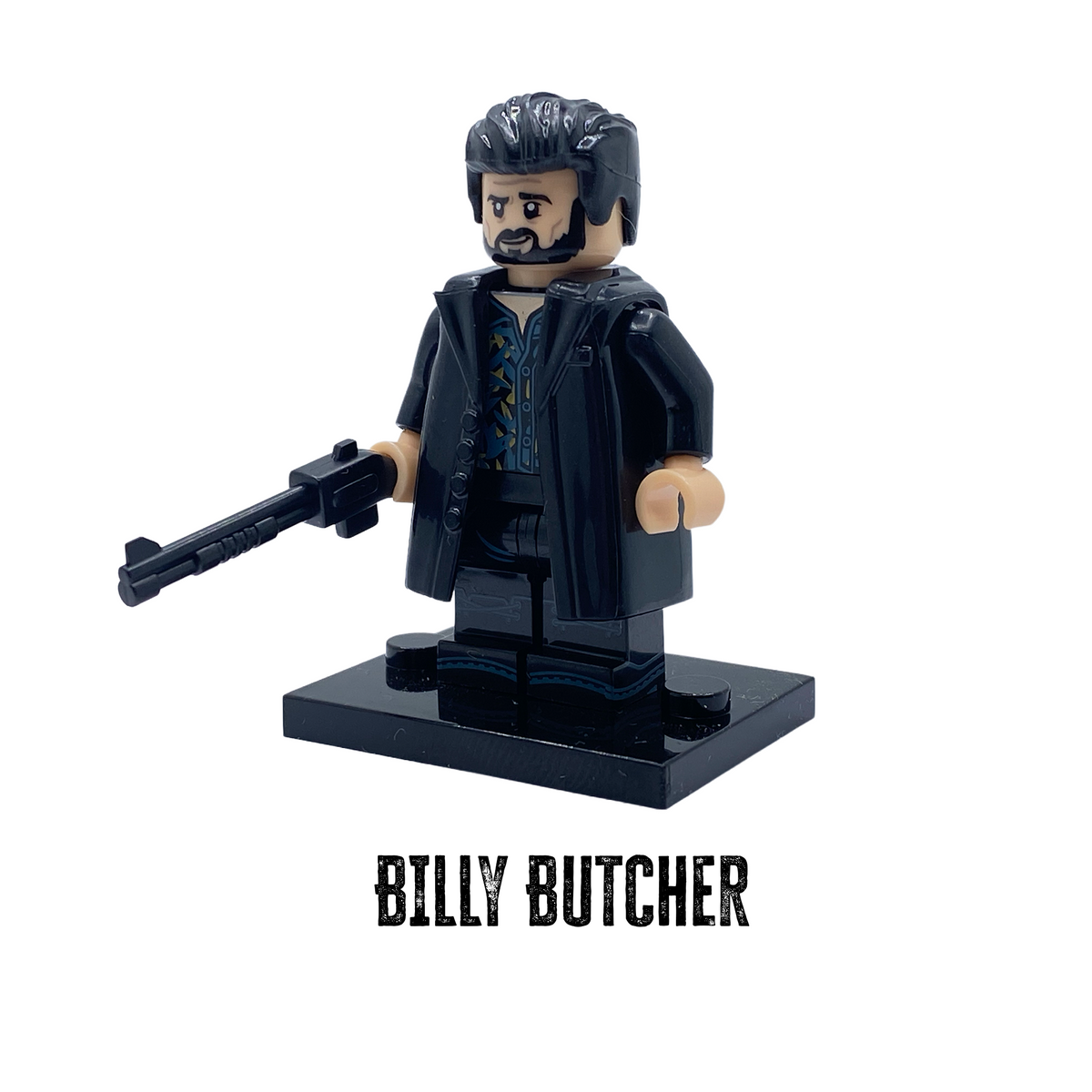 Billy Butcher custom minifigure from The Boys with crowbar and display base