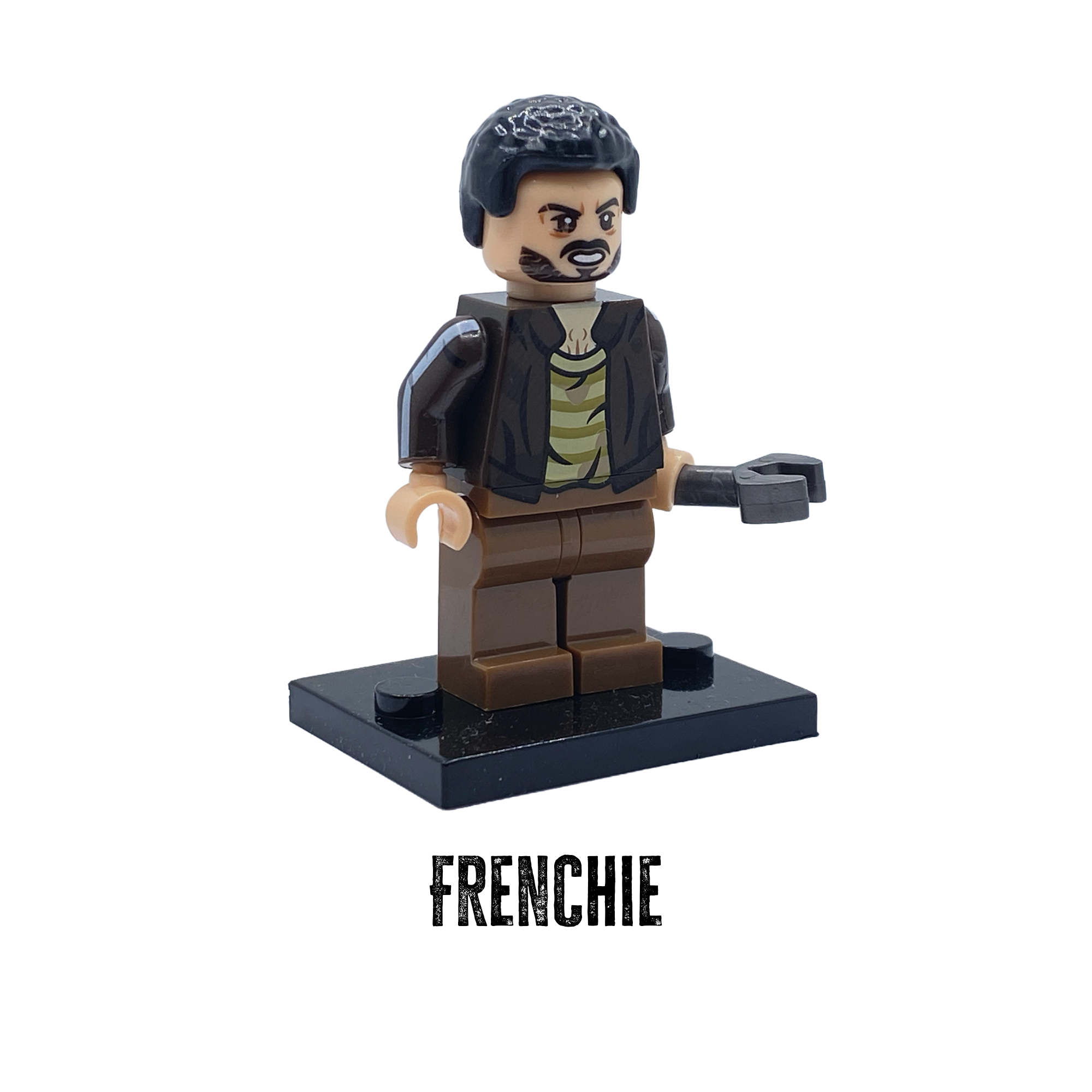 Frenchie custom minifigure from The Boys on a black display base