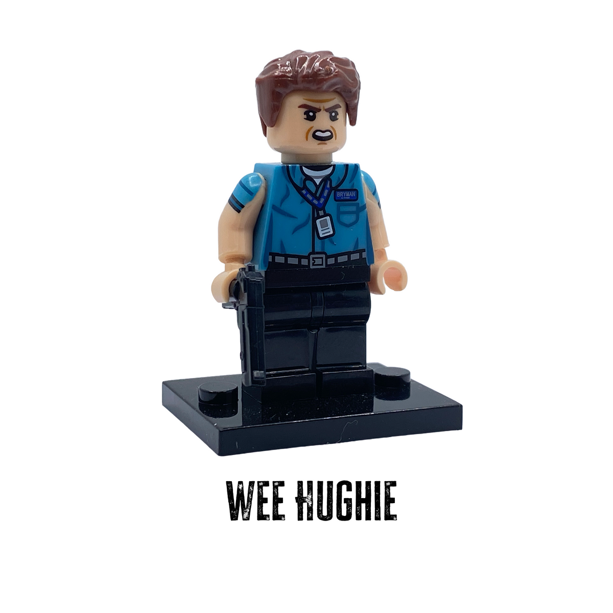 Hughie Campbell custom minifigure from The Boys on a black display base