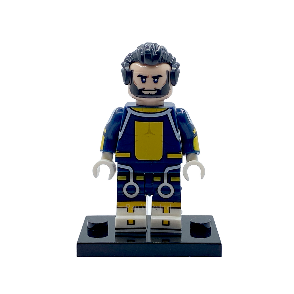 Full front view of The Immortal custom minifigure with determined expression, gold armour and navy uniform