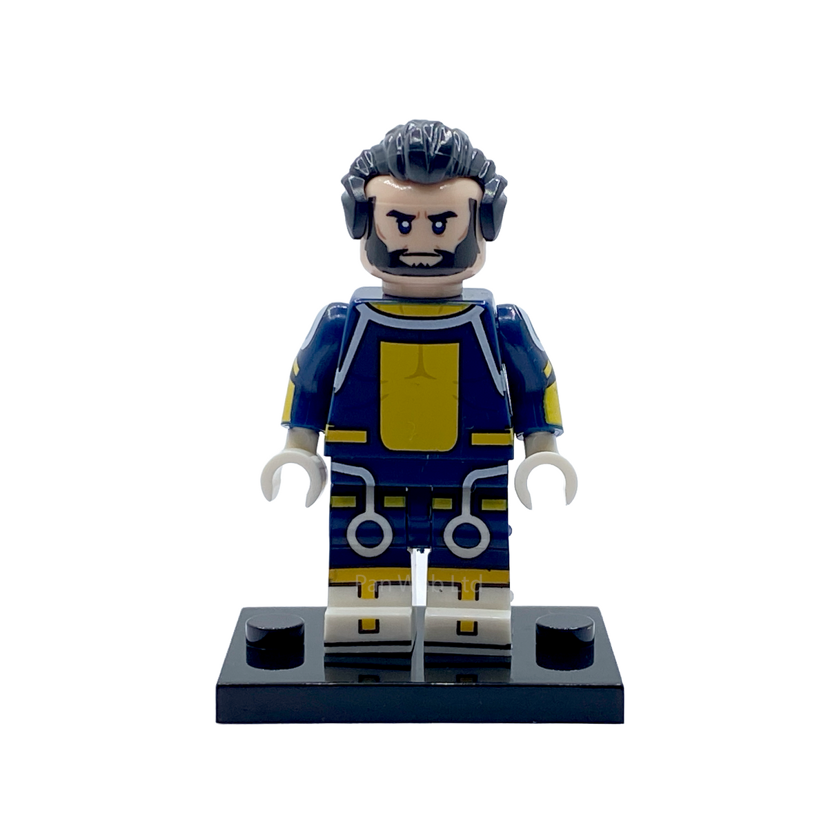 Full front view of The Immortal custom minifigure with determined expression, gold armour and navy uniform