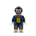 Front view of The Immortal custom minifigure with dark hair, beard, navy suit and gold chest panel