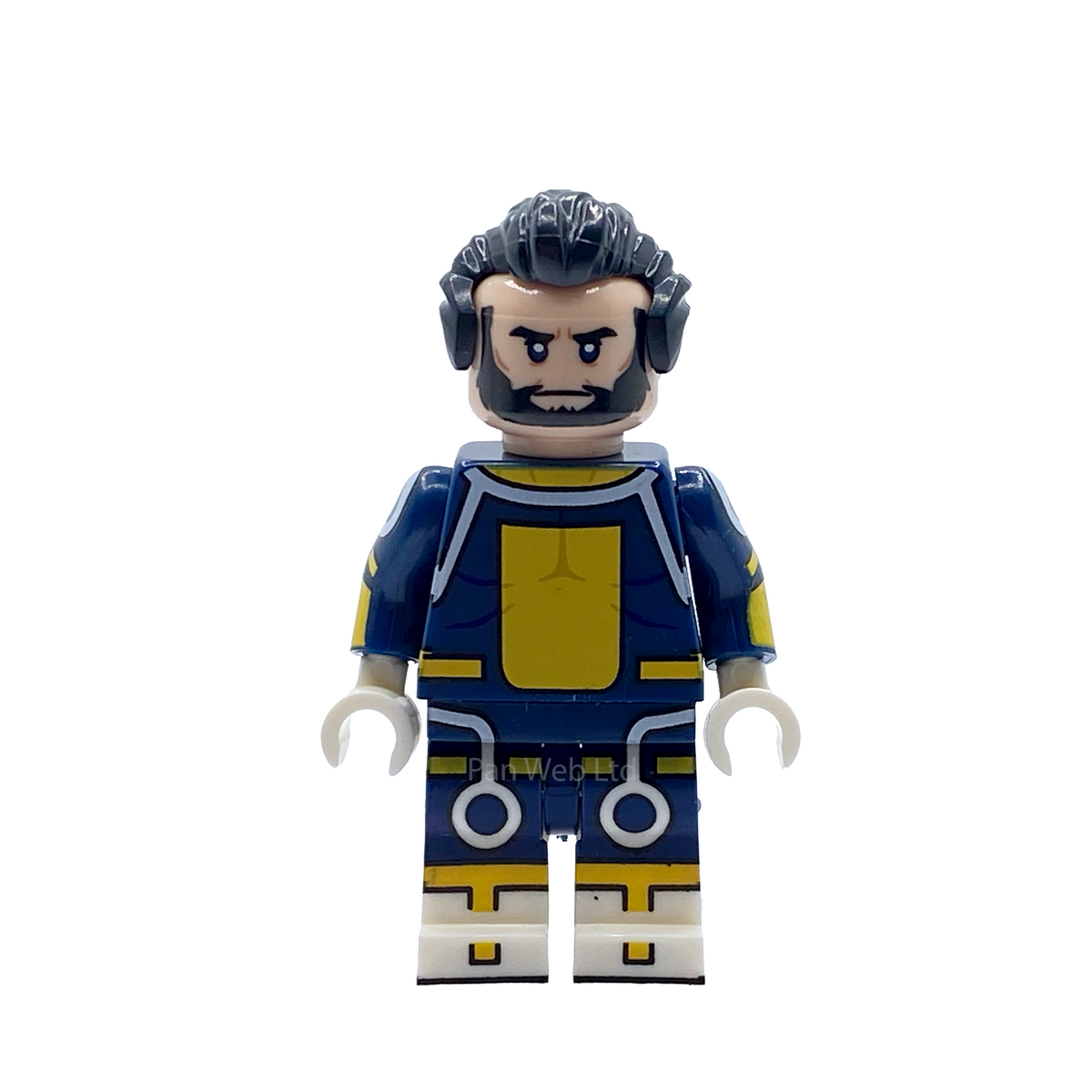 Front view of The Immortal custom minifigure with dark hair, beard, navy suit and gold chest panel