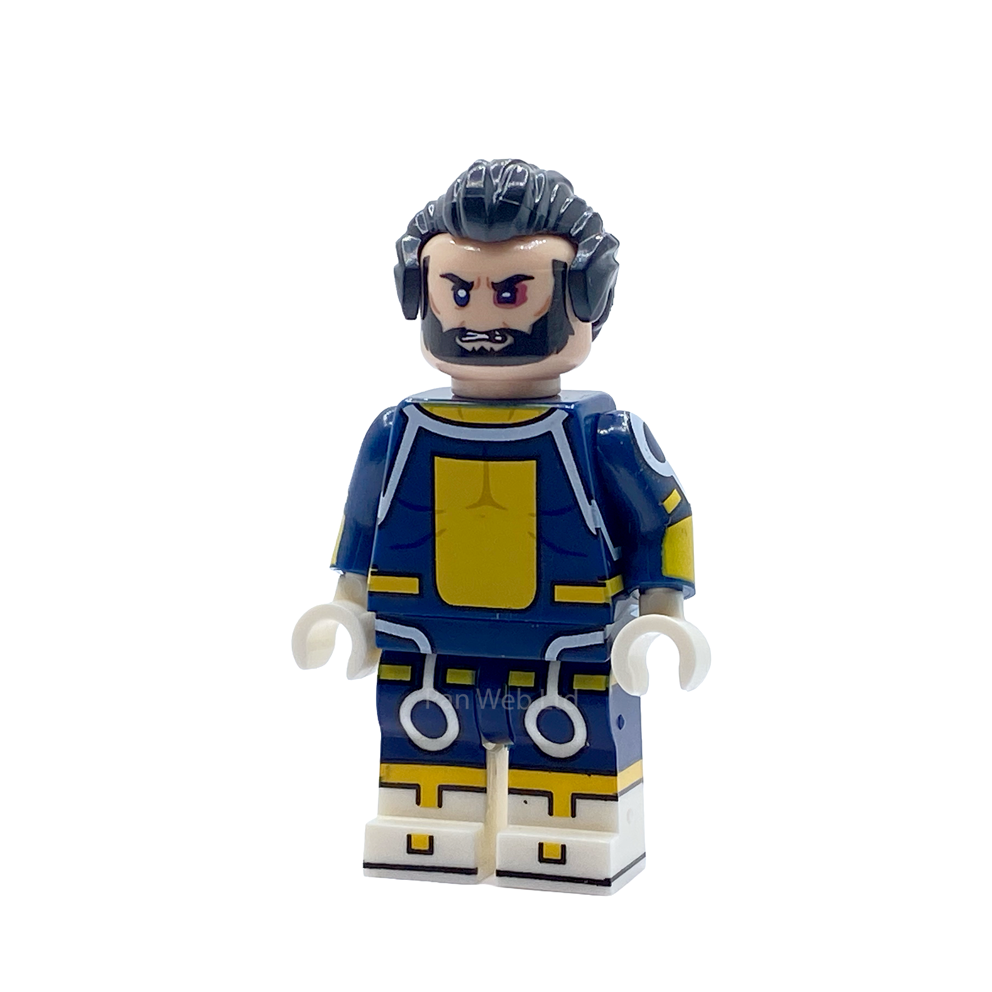 Three-quarter view of The Immortal custom minifigure showing navy and yellow suit details and printed legs