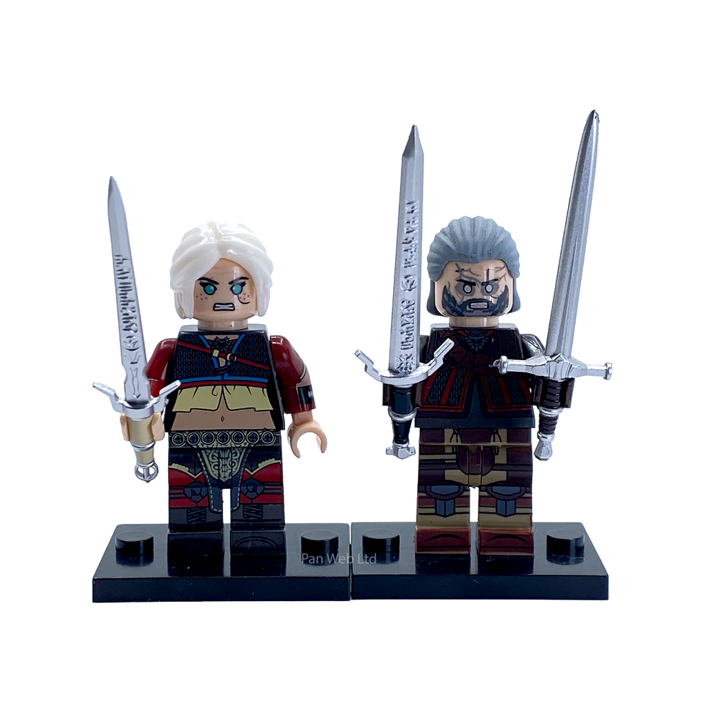 Geralt and Ciri custom minifigures on display stands with swords raised