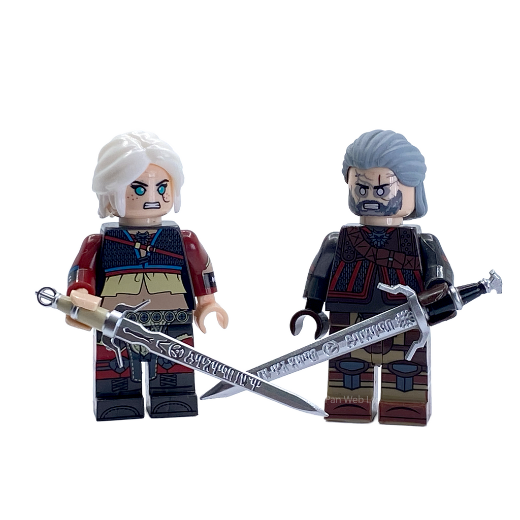 Front close-up of Geralt and Ciri custom minifigures with crossed swords